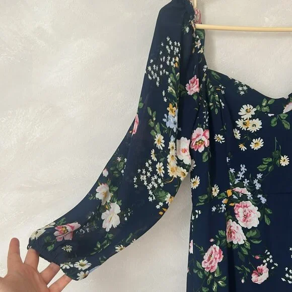 Abercrombie and Fitch long-sleeve draped skirt midi dress floral navy S Petite - Picture 3 of 7